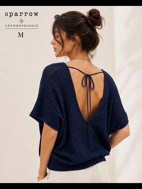 Sparrow by Anthropologie Women’s Navy Deep V Back Tie Knit Sweater M